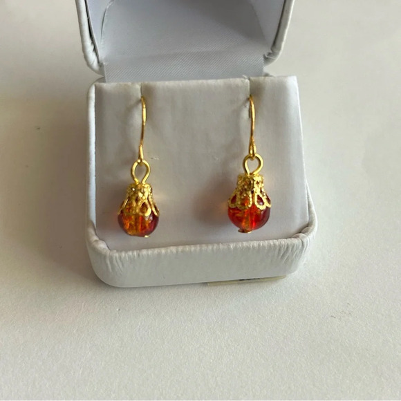 3/$20 Red and Yellow Dual Crystal Ornate Gold Plated Dangling Drop Earrings - Picture 1 of 3